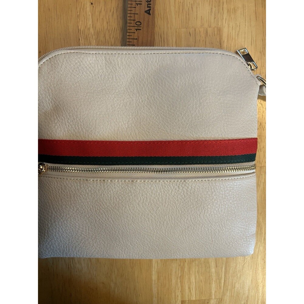 Cream Crossbody Purse Red Green Stripe Tassel Leopard Lining Retro Chic - Picture 10 of 12